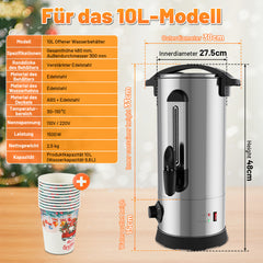 SWANEW Glühweinkocher 10L, 1500W Glühweinkessel, Heißgetränkeautomat, Glühweintopf Edelstahl, mit Füllstandsanzeige, mit 10 Tassen