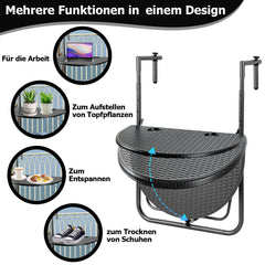 Balkontisch klappbar Hängetisch, klapptisch Balkongeländer, 3-Fach höhenverstellbarer balkontisch zum einhängen, 60 x 40 cm Halbrund Balkontisch klappbar Schwarz