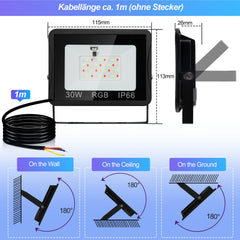 SWANEW RGB LED Strahler Außen mit Fernbedienung, 10/20/30/50 W Fluter LED Dimmbar, Flutlicht IP66 Wasserdicht, 4 Modi