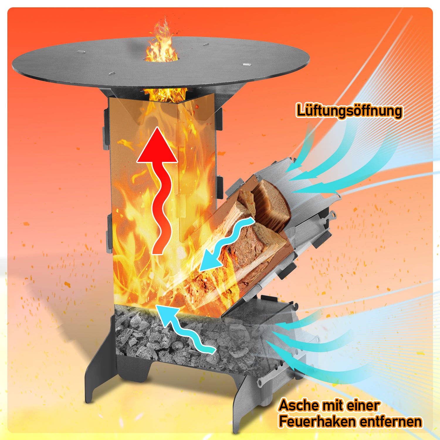 SWANEW Raketenofen mit Grillplatte und Feuerhaken, Rocket Stove Stecksystem aus 3 mm dickem Stahl, Raketenofen Outdoor Holzofen Campingkocher Kanonenofen für BBQ Terrasse