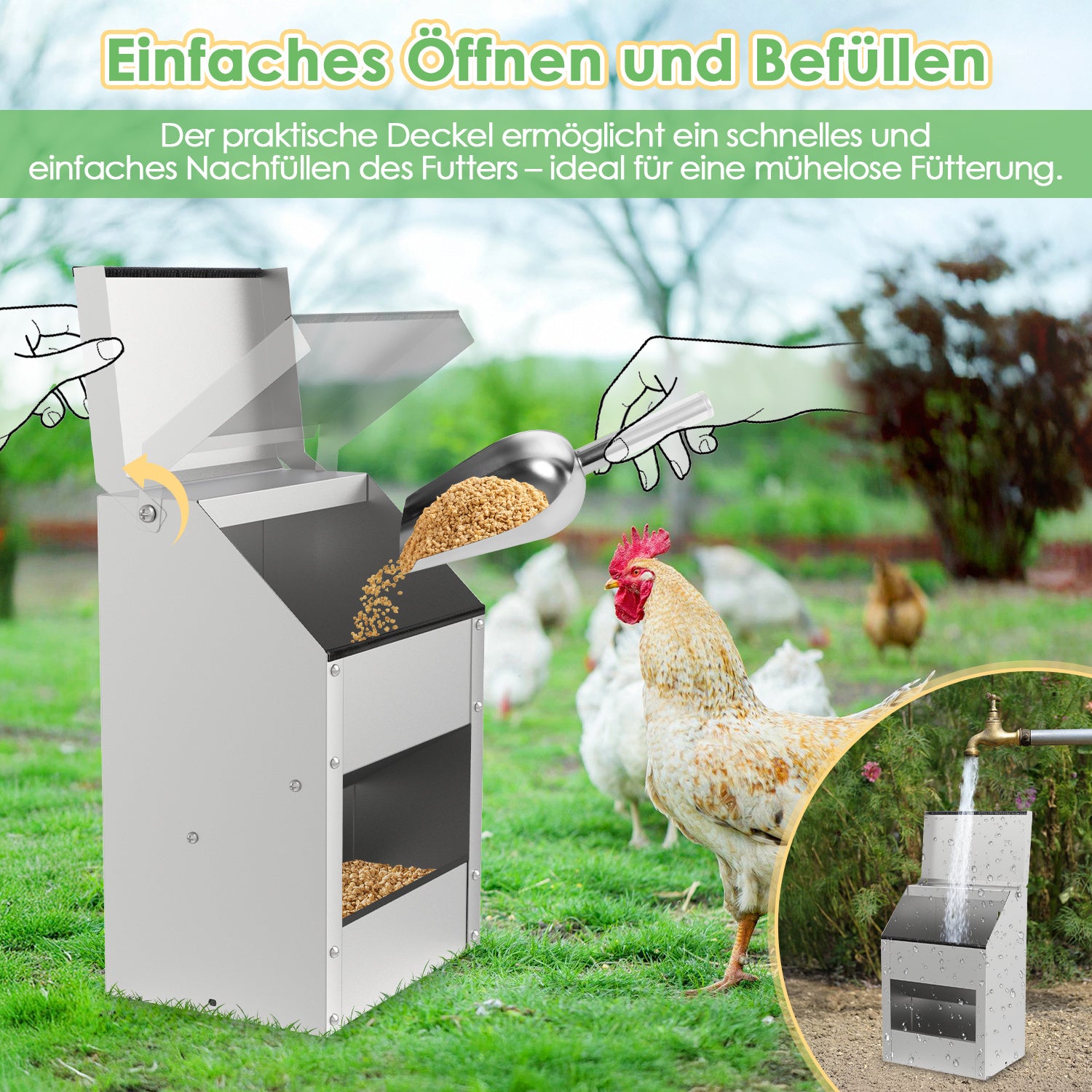 Hühnerfutterautomat mit Deckel & Wandhalterung