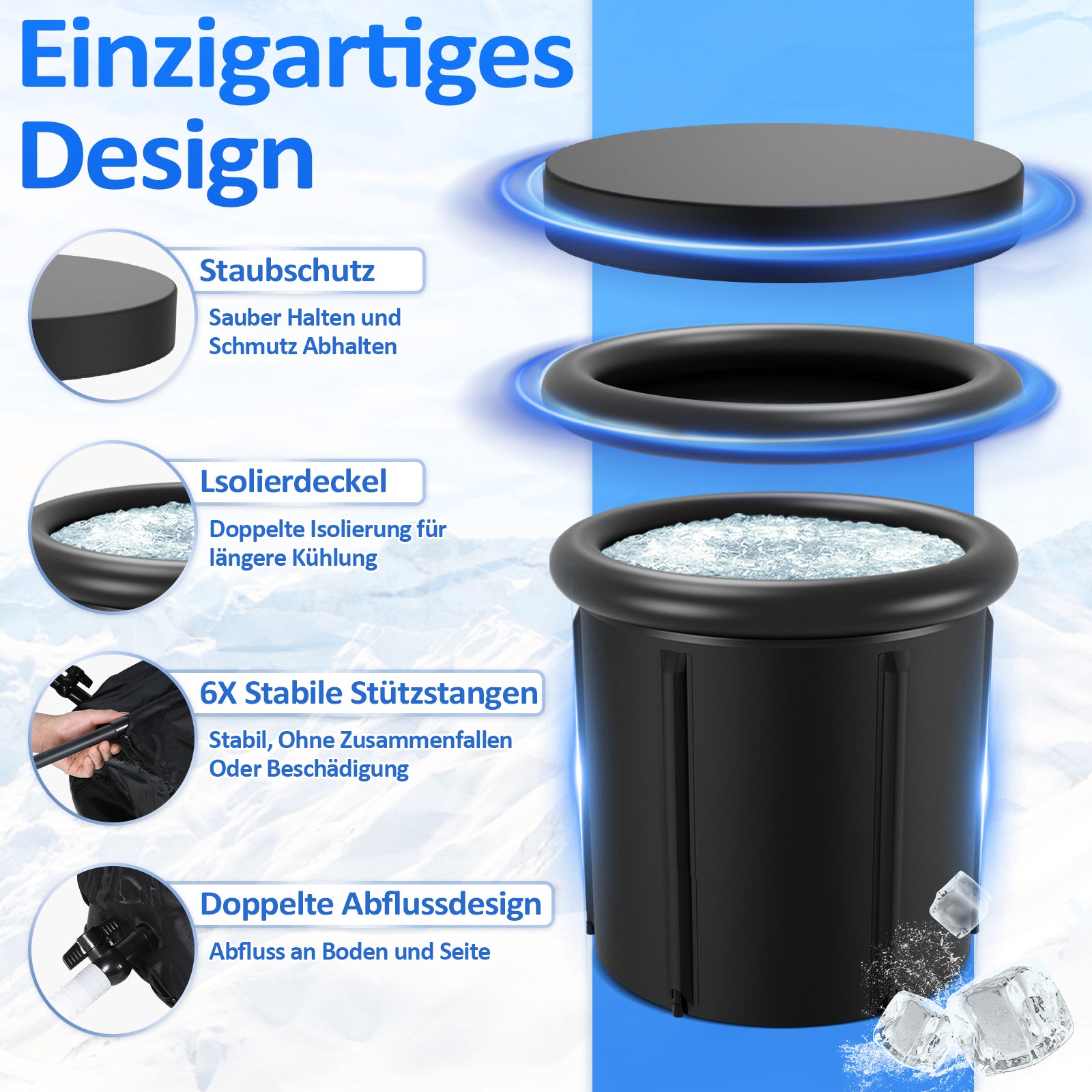 SWANEW Eisbad Eisbaden Tonne 80 cm, Faltbare Badewanne 390L,  Kältetherapie Set mit 5 Isolierschichten, Aufblasbare Eistonne-Set für Zuhause