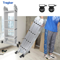 SWANEW 3,6m/4,7m/5,82m Aluminium Mehrzweckleiter 4x3/4x4/4x5 Stufen, Multifunktionsleiter mit 2 Plattform und Räder, Klappleiter, Trittleiter