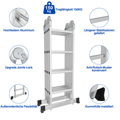 SWANEW 3,6m/4,7m/5,82m Aluminium Mehrzweckleiter 4x3/4x4/4x5 Stufen, Multifunktionsleiter mit 2 Plattform und Räder, Klappleiter, Trittleiter