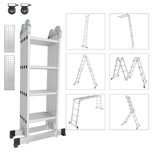 SWANEW 3,6m/4,7m/5,82m Aluminium Mehrzweckleiter 4x3/4x4/4x5 Stufen, Multifunktionsleiter mit 2 Plattform und Räder, Klappleiter, Trittleiter