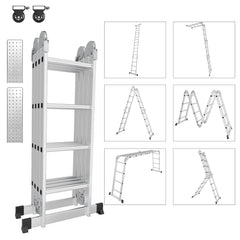 SWANEW 3,6m/4,7m/5,82m Aluminium Mehrzweckleiter 4x3/4x4/4x5 Stufen, Multifunktionsleiter mit 2 Plattform und Räder, Klappleiter, Trittleiter