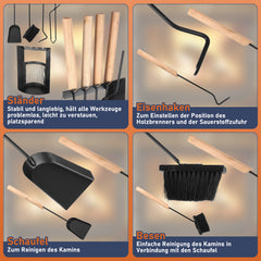 SWANEW Kaminbesteck, 4-teiliges Kaminbesteck Set, Kamingarnitur, Kaminzubehör mit Holzgriff und Halbkreisförmiges Leichentuch