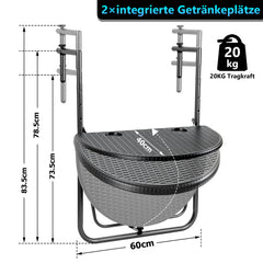 Balkontisch klappbar Hängetisch, klapptisch Balkongeländer, 3-Fach höhenverstellbarer balkontisch zum einhängen, 60 x 40 cm Halbrund Balkontisch klappbar Schwarz