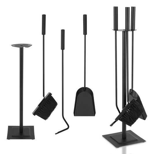 SWANEW Kaminbesteck Set, 3-teiliges, Kamingarnitur mit Besen, Schaufel, Eisenhaken, Ständer, Kaminzubehör, Ofenbesteck Schwarz