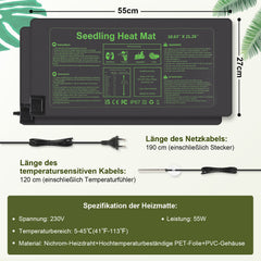 SWANEW Heizmatte Pflanzen mit Thermostat, Wärmematte, IP67 Wasserdicht, 27W/55W