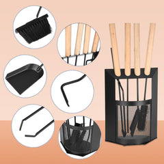 SWANEW Kaminbesteck, 4-teiliges Kaminbesteck Set, Kamingarnitur, Kaminzubehör mit Holzgriff und Halbkreisförmiges Leichentuch