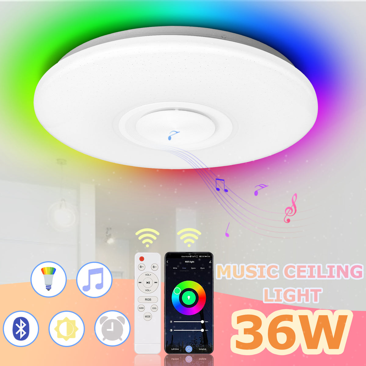 SWANEW 36W LED Deckenleuchte bluetooth Lautsprecher Fernbedienung und APP-Steuerung Sternenhimmel Lampe [Energieklasse G]