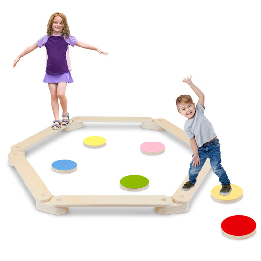 SWANEW Schwebebalken aus Holz, Balancierbalken mit 6 Balanciersteine, für Indoor und Outdoor, Spielzeug für Balance-Koordination, Mit Aufbewahrungstasche, geeignet für Kinder im Alter von 3-7 Jahren