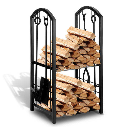 SWANEW kaminholzregal Innen und Aussen, mit Kaminbesteck, Metall Brennholzregal, Holzunterstand für Kaminholz, 37 x 33 x 74CM, Schwarz