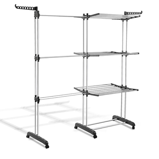 SWANEW Wäscheständer Turm,wäscheständer ausziehbar Länge 75-150cm, platzsparend, 4 Etagen mit 2 klappbaren Flügeln, 360°drehbare Rollen, Wäscheturm