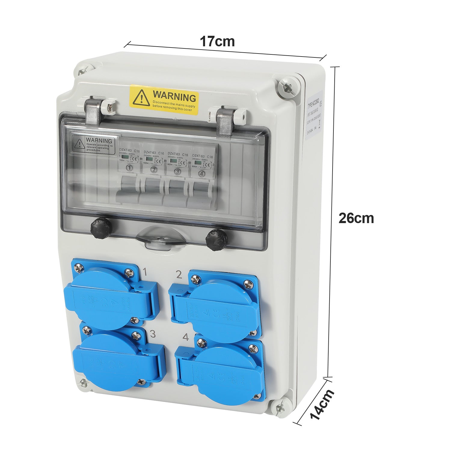 SWANEW Wandverteiler mit Leitungsschutzschalter, Baustromverteiler, 4xSchuko-Steckdose und CEE-Steckdose 16A, Stromverteiler, IP44