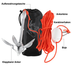 SWANEW Bootsanker mit 20m reißfesten Ankerleine Klappanker Faltanker 0.7kg/1.5kg