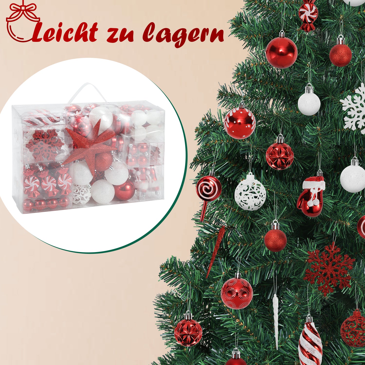 SWANEW Weihnachtskugel-Set - 130 Stück hochwertige Kunststoff-Weihnachtskugeln in verschiedenen Designs, schön gestaltete