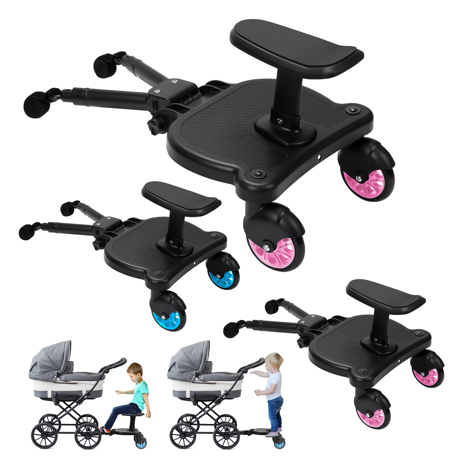 SWANEW Buggy Board mit Sitz, Kiddy Board Trittbrett, Universal Stehbrett, 360°Zweirad Design, Kinderwagen Zubehör, mit Kinderwagensitz, passend für jeden Kinderwagen erhältlich