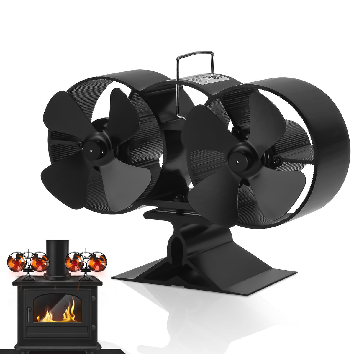 SWANEW Doppelkopf Kaminventilator 8 Blätter mit Thermometer, Ofenventilator Hitzebetrieben, Kamin Ofen Ventilator für Holzbrenner