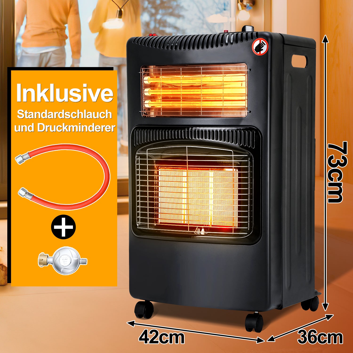 SWANEW Gasheizung, Gasheizer 4200W & Elektroheizung 1260W, Elektrische Gas-Zweizweckheizgeräte, Infrarot Heizstrahler, Heizstrahler Gasheizgerät mit 3 Schutzvorrichtungen [Energieklasse A]