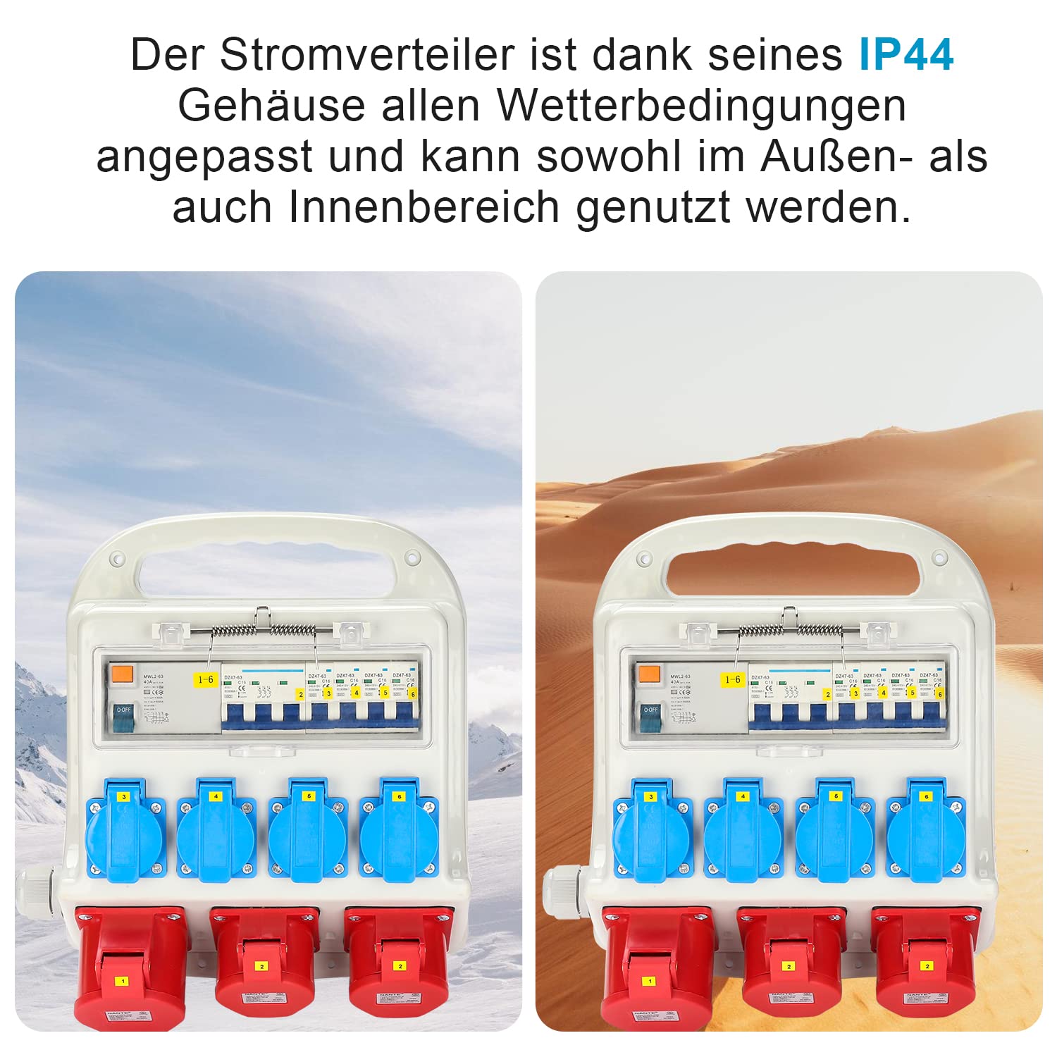 SWANEW Wandverteiler, 2 x CEE 400V/16A + 4 x 230V Schuko IP44 5 polig Stromverteiler, Baustromverteiler 32a, Verteiler Mit Sicherheitsklappdeckeln