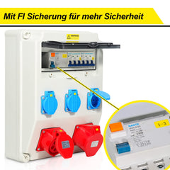 SWANEW Baustromverteiler 4x230V 2x16A 1x32A 400V CEE, Wandverteiler mit FI Schalter LS Schalter, Cee Verteiler Stromverteiler IP44