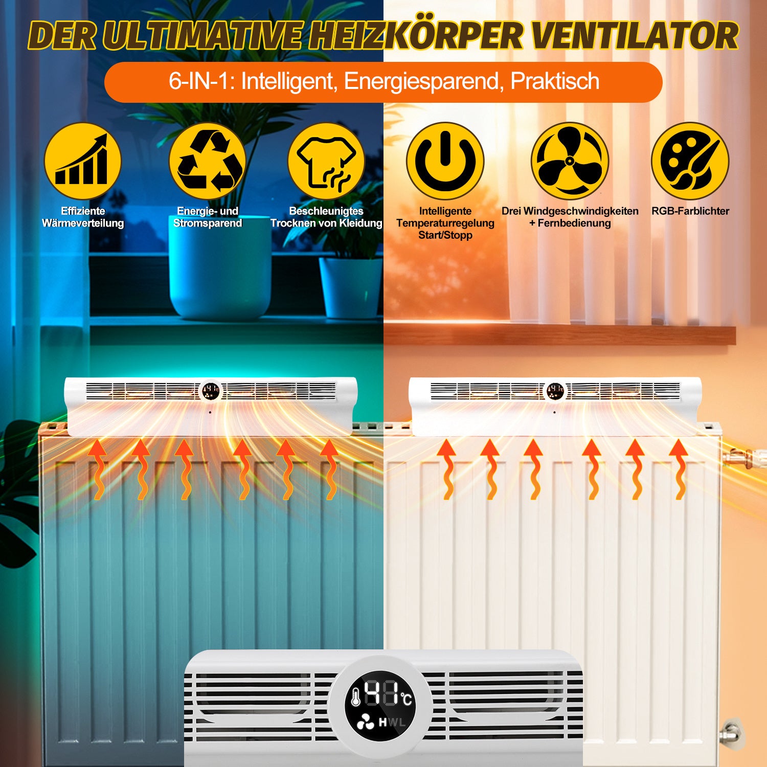 SWANEW Heizkörper Ventilator mit 6 Auslässen, Heizkörperverstärker, 3-Stufen-Regelung, Heizverstärker für Heizungen