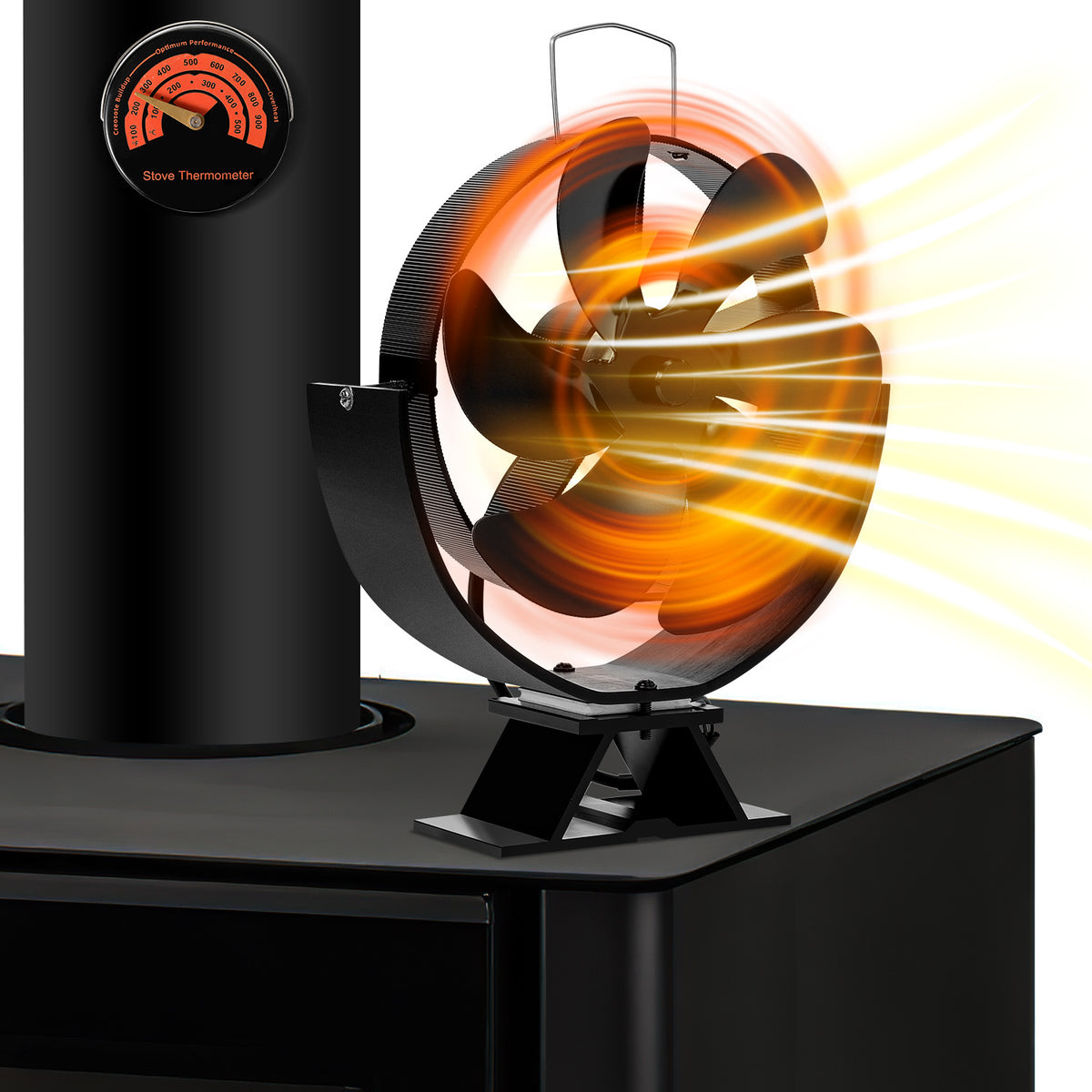 SWANEW Kaminventilator 6 Blätter mit Thermometer, Einstellbarer Winkel Ofenventilator ohne strom