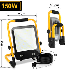 SWANEW LED Baustrahler 50W-200W, Arbeitsleuchte IP66 Wasserdicht, LED-Strahler mit 3M Kabel, und Faltbarer Ständer, 6000K Kaltweiß Fluter für Werkstatt  (mit Stecker)