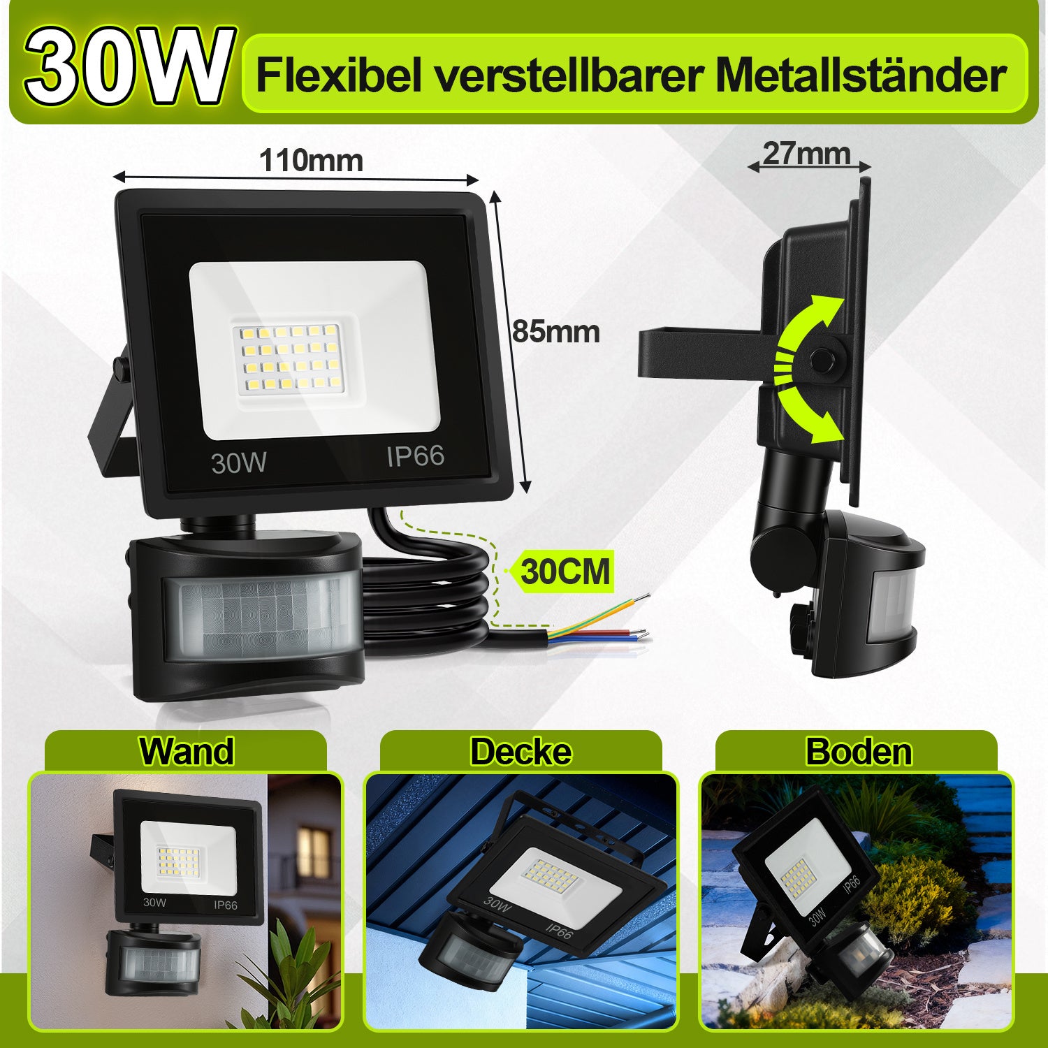 SWANEW 10-100W LED Strahler mit Bewegungsmelder, LED Fluter Kaltweiß Wandstrahler Außen IP66, Scheinwerfer,  Gartenlampe, Baustrahler (kein Stecker)