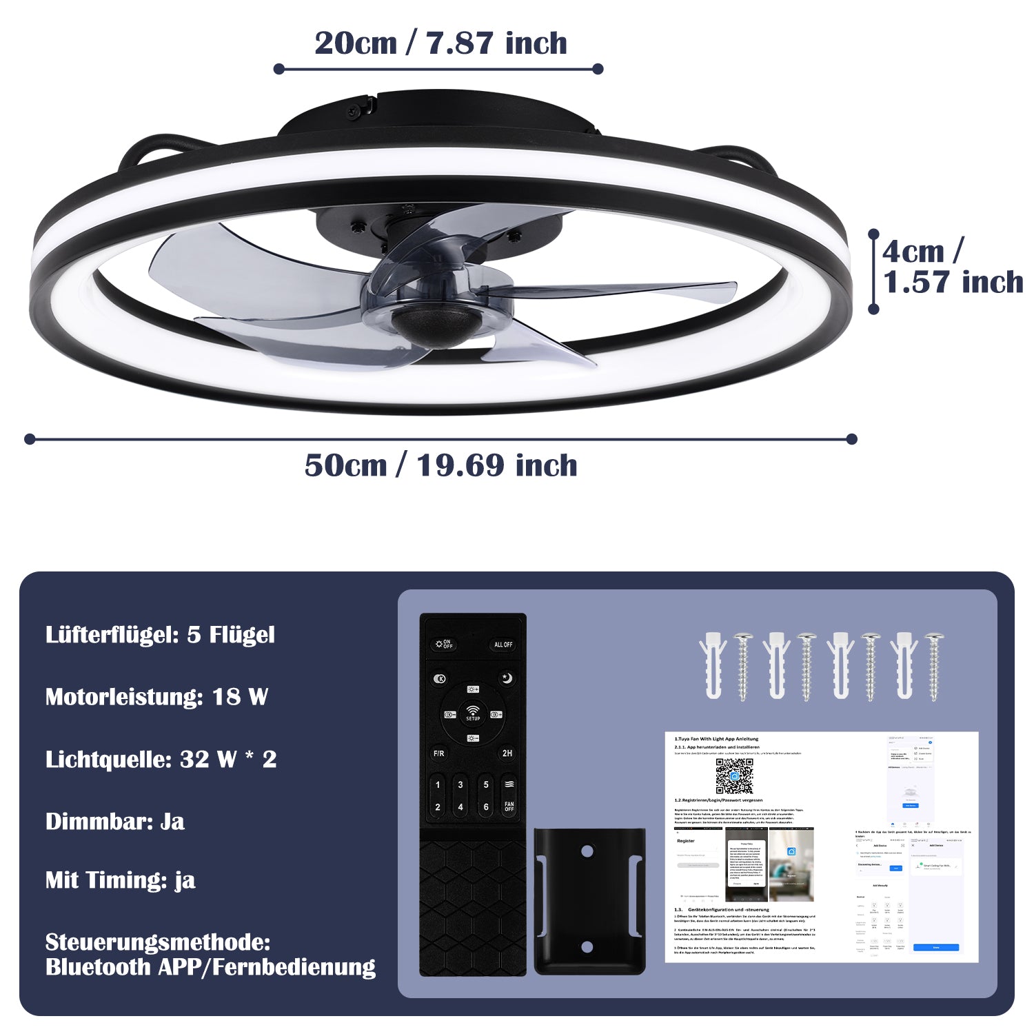 SWANEW Deckenventilator Mit Beleuchtung Dimmbar Ventilator Ø50cm, Fernbedienung/APP-Steuerung, 6 Windstufen, Deckenleuchte mit Ventilator
