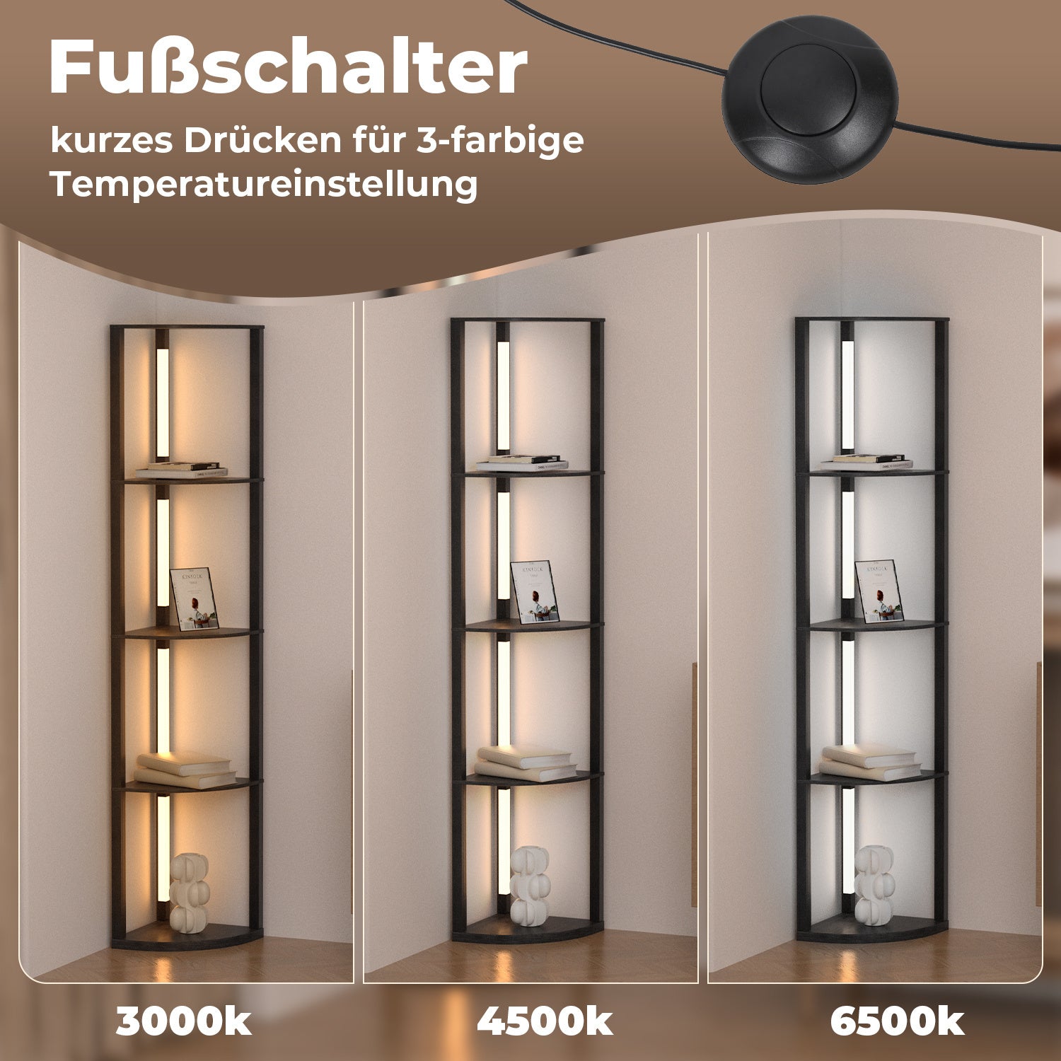 SWANEW Stehlampe mit Holzregal, Bücherregal mit LED-Beleuchtung, 360° Drehbare RGB LED Stehleuchte Wohnzimmer, 3 Farbtemperaturen, 20W & 163 cm Höhe