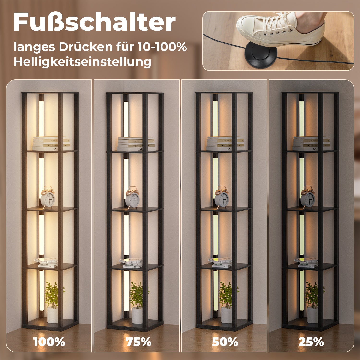 SWANEW Stehlampe mit Holzregal, Bücherregal mit LED-Beleuchtung, 360° Drehbare RGB LED Stehleuchte Wohnzimmer, 3 Farbtemperaturen, 20W & 163 cm Höhe