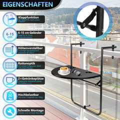 Balkontisch klappbar Hängetisch, klapptisch Balkongeländer, 3-Fach höhenverstellbarer balkontisch zum einhängen, 60 x 40 cm Halbrund Balkontisch klappbar Schwarz