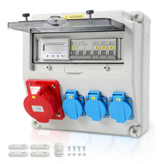 SWANEW Wandverteiler, Baustromverteiler 3x16A 230V, 1x CEE+32A 5 polig Steckdosen mit MCB Leitungsschutzschalter, 3-Phasen Stromverteiler IP44 Mit Sicherheitsklappdeckeln