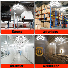 SWANEW Led Werkstatt Deckenleuchte, Garagenlampe 200W, Led Garagenbeleuchtung 20000LM 6500K, Werkstatt Beleuchtung mit 12 Verstellbaren Paneelen, E26 / E27 Werkstattbeleuchtung für Keller [Energieklasse F]