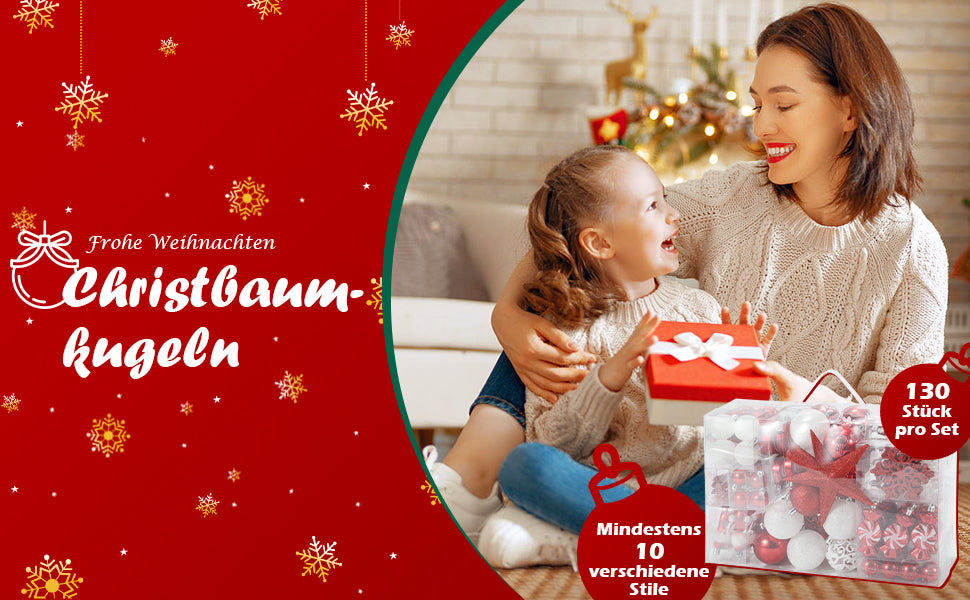 SWANEW Weihnachtskugel-Set - 130 Stück hochwertige Kunststoff-Weihnachtskugeln in verschiedenen Designs, schön gestaltete