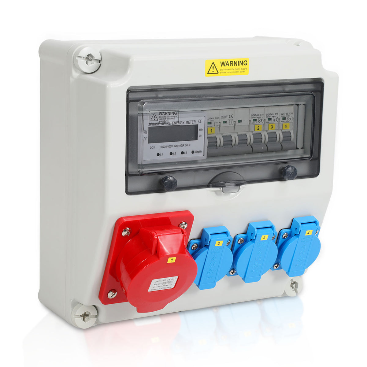 SWANEW Wandverteiler, Baustromverteiler 3x16A 230V, 1x CEE+32A 5 polig Steckdosen mit MCB Leitungsschutzschalter, 3-Phasen Stromverteiler IP44 Mit Sicherheitsklappdeckeln