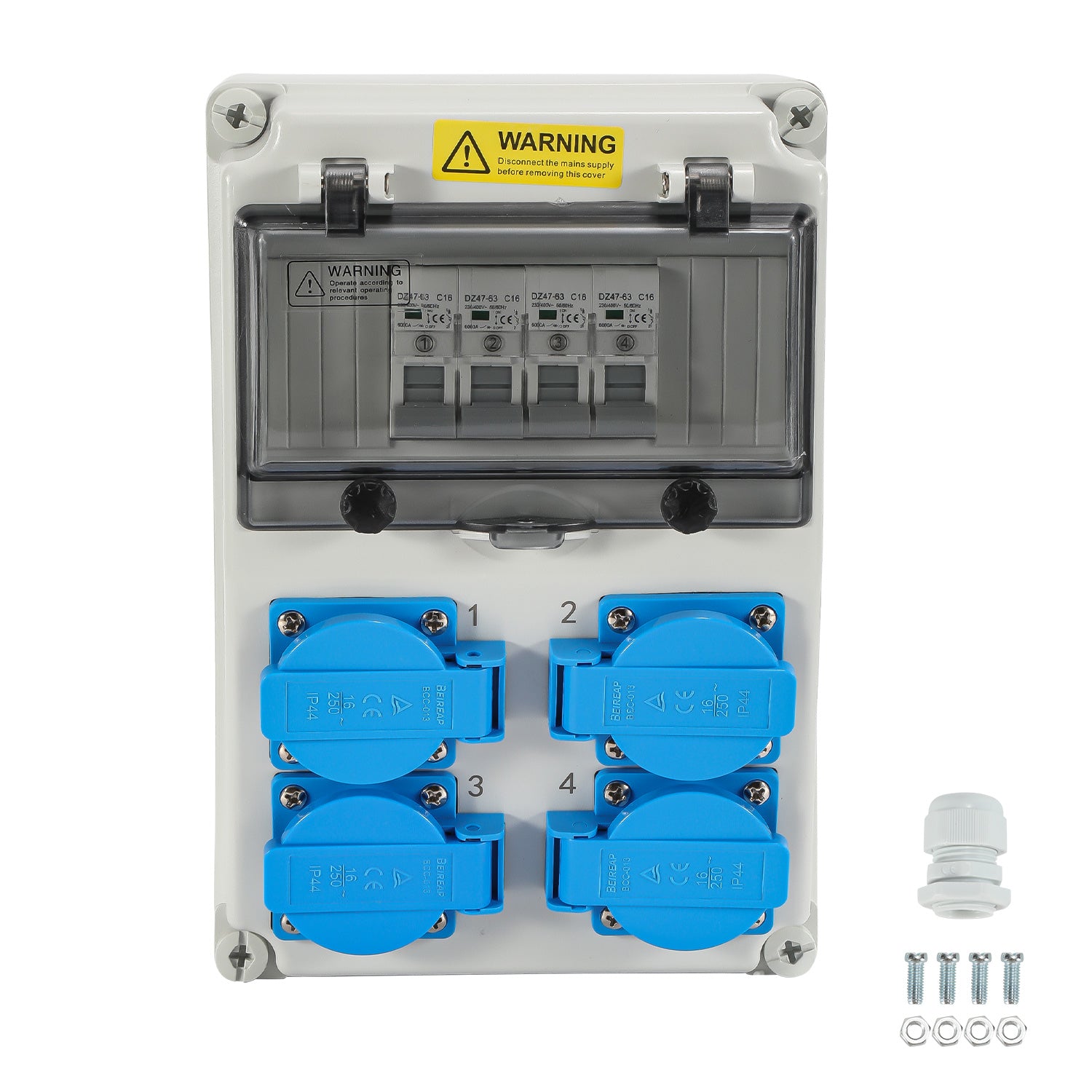 SWANEW Wandverteiler mit Leitungsschutzschalter, Baustromverteiler, 4xSchuko-Steckdose und CEE-Steckdose 16A, Stromverteiler, IP44