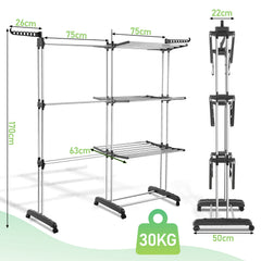 SWANEW Wäscheständer Turm,wäscheständer ausziehbar Länge 75-150cm, platzsparend, 4 Etagen mit 2 klappbaren Flügeln, 360°drehbare Rollen, Wäscheturm
