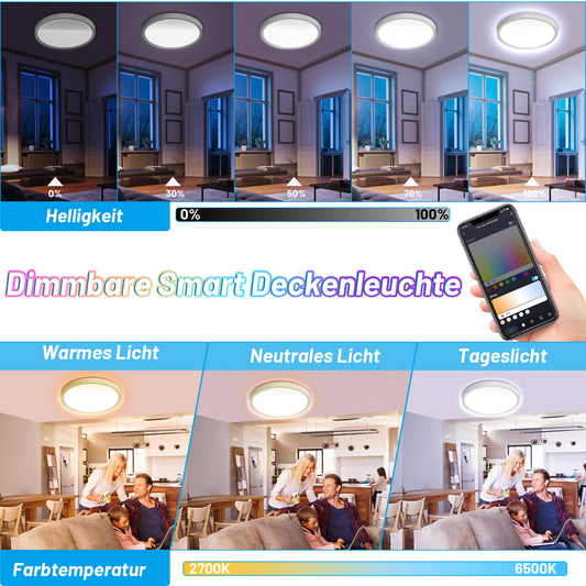 SWANEW 24W 2040LM Alexa Lampe Deckenlampe Deckenleuchte Smart Dimmbar Kompatibel mit Alexa & Google 2700K-6500K, Farbwechsel Flach Schlafzimmer Lampe, IP44 für Kinderzimmer Badezimmer