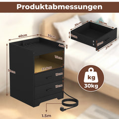 SWANEW Nachttisch Ablagen, mit Steckdose & LED-Lichtern, Beistelltisch Schubfächer