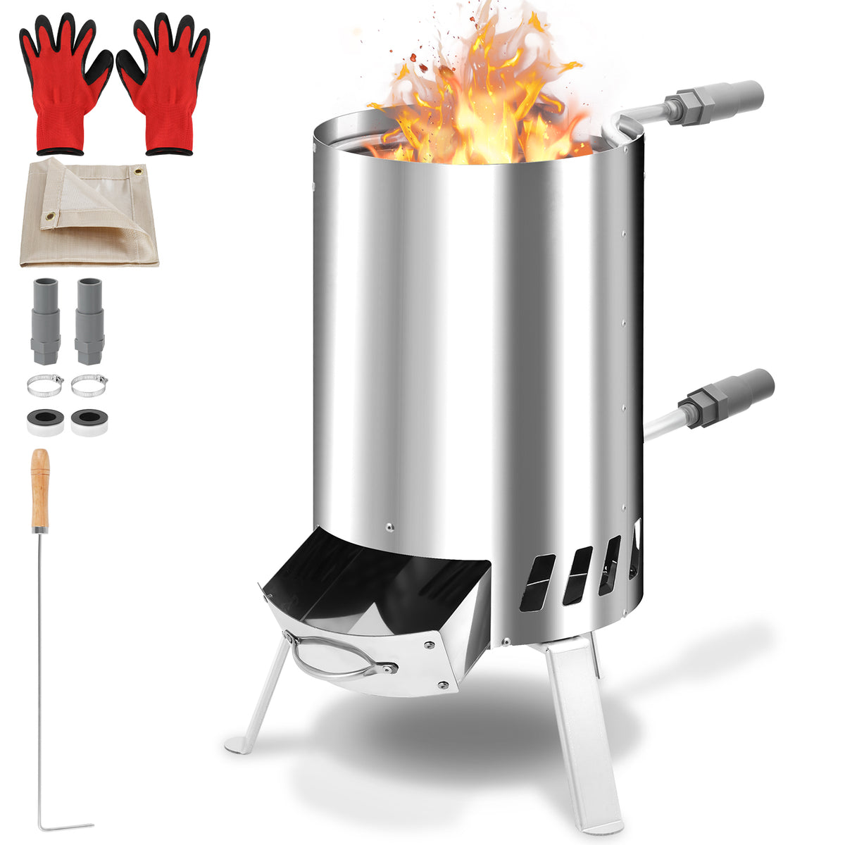 SWANEW Brennholz Poolheizung Edelstahl – Holz Schwimmbadheizung mit Feuer, 32–38 mm Anschlüsse, Outdoor Poolheizer mit Feuerfester Matte und Tablett