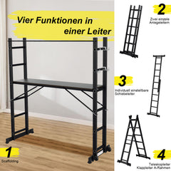 SWANEW Mehrzweckleiter, Gerüst, Alu Arbeitsgerüst, Gelenkleiter 4 in 1, Belastbar bis max. 150 Kg