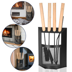 SWANEW Kaminbesteck, 4-teiliges Kaminbesteck Set, Kamingarnitur, Kaminzubehör mit Holzgriff und Halbkreisförmiges Leichentuch