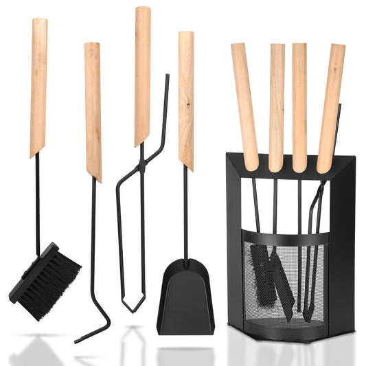 SWANEW Kaminbesteck, 4-teiliges Kaminbesteck Set, Kamingarnitur, Kaminzubehör mit Holzgriff und Halbkreisförmiges Leichentuch