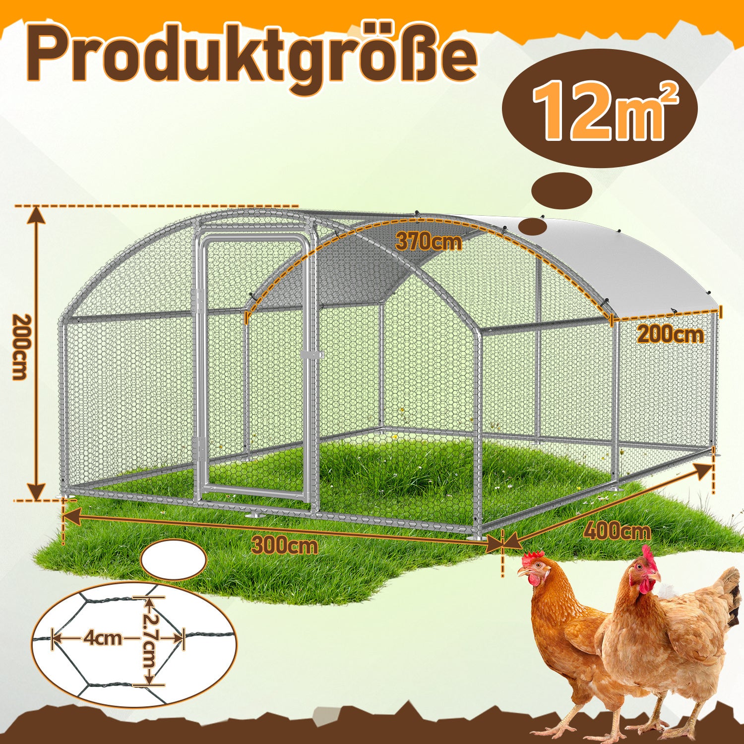 Hühnerstall Freilaufgehege, 3x 4x2m, Dome Roof