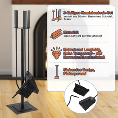 SWANEW Kaminbesteck Set, 3-teiliges, Kamingarnitur mit Besen, Schaufel, Eisenhaken, Ständer, Kaminzubehör, Ofenbesteck Schwarz