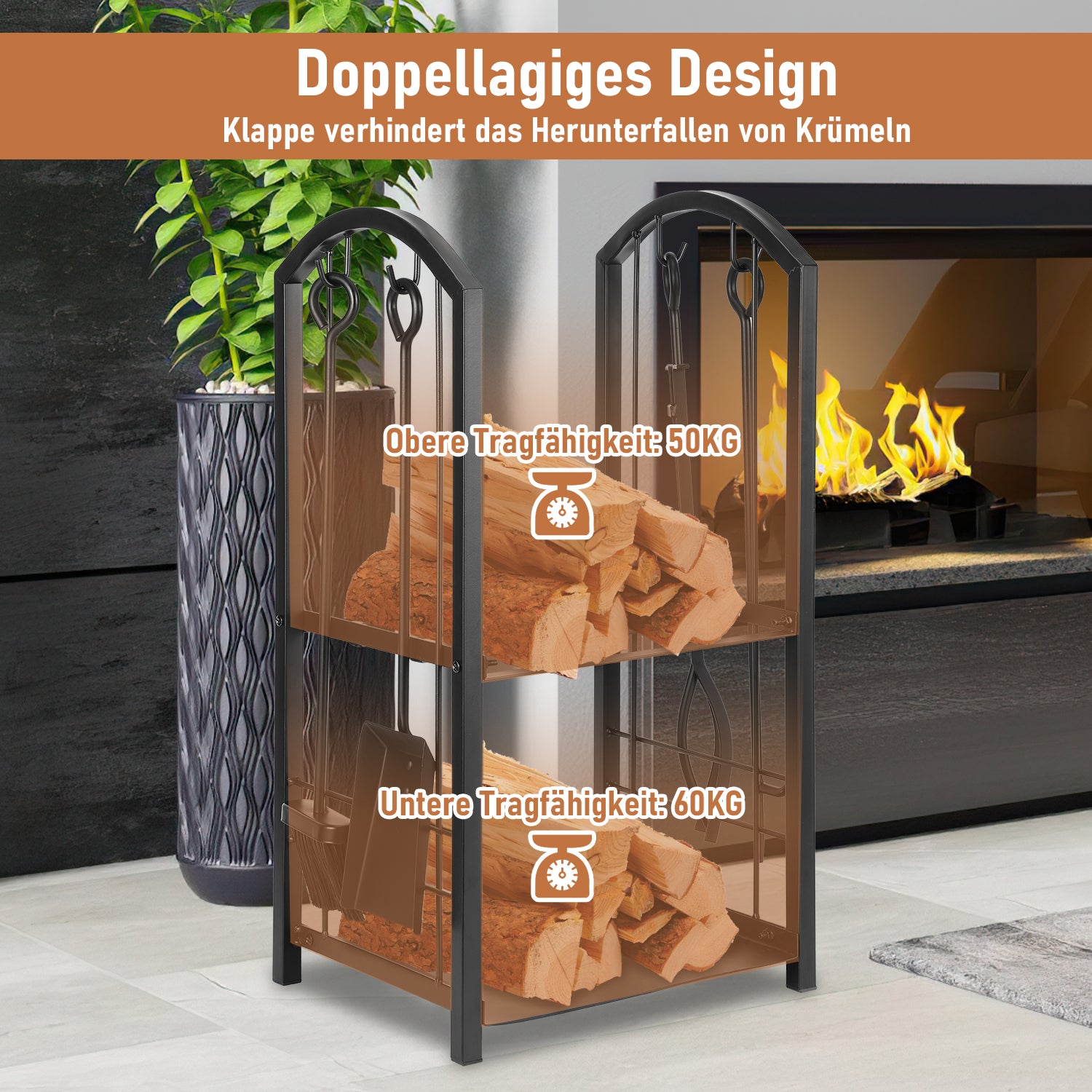 SWANEW kaminholzregal Innen und Aussen, mit Kaminbesteck, Metall Brennholzregal, Holzunterstand für Kaminholz, 37 x 33 x 74CM, Schwarz